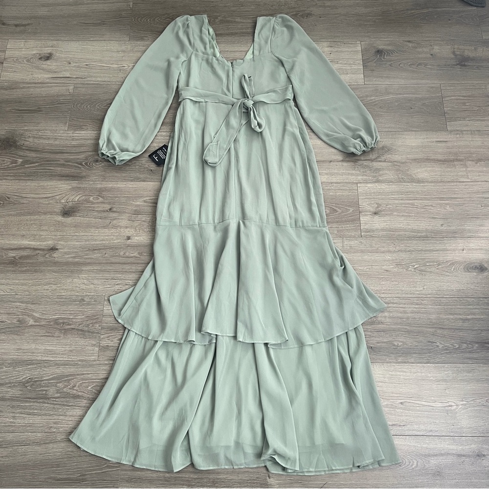 Lulus Tier Elegance Tiered Maxi Dress Large Sage Green Chiffon Long Sleeve *FLAW - Picture 8 of 12